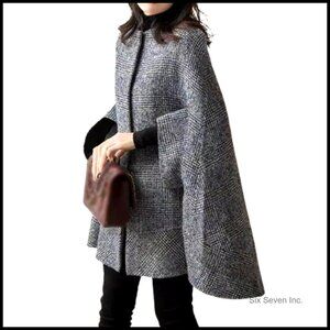 Polyester Cape Coat 3/4 Sleeve Plaid Winter Outerwear Loose Fit